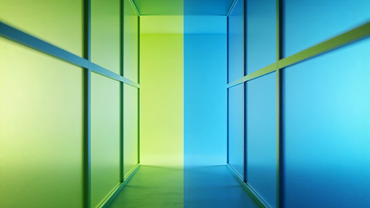 Camera pushing forward interior corridor revealing vertical color seam highlighting frosted panels