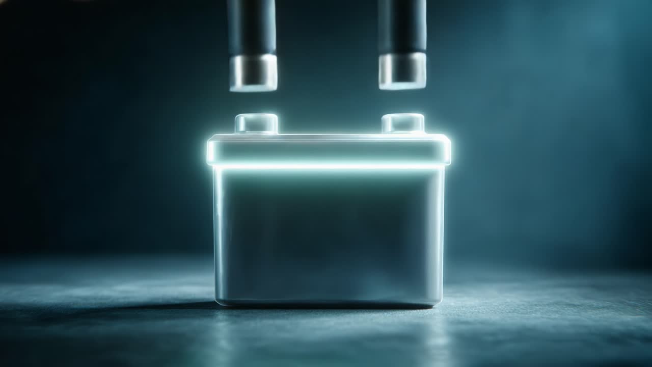 Illuminated Battery: A Futuristic Perspective on Energy Storage, Showcasing Dynamic Glows and Modern Design in a Minimalist Setting