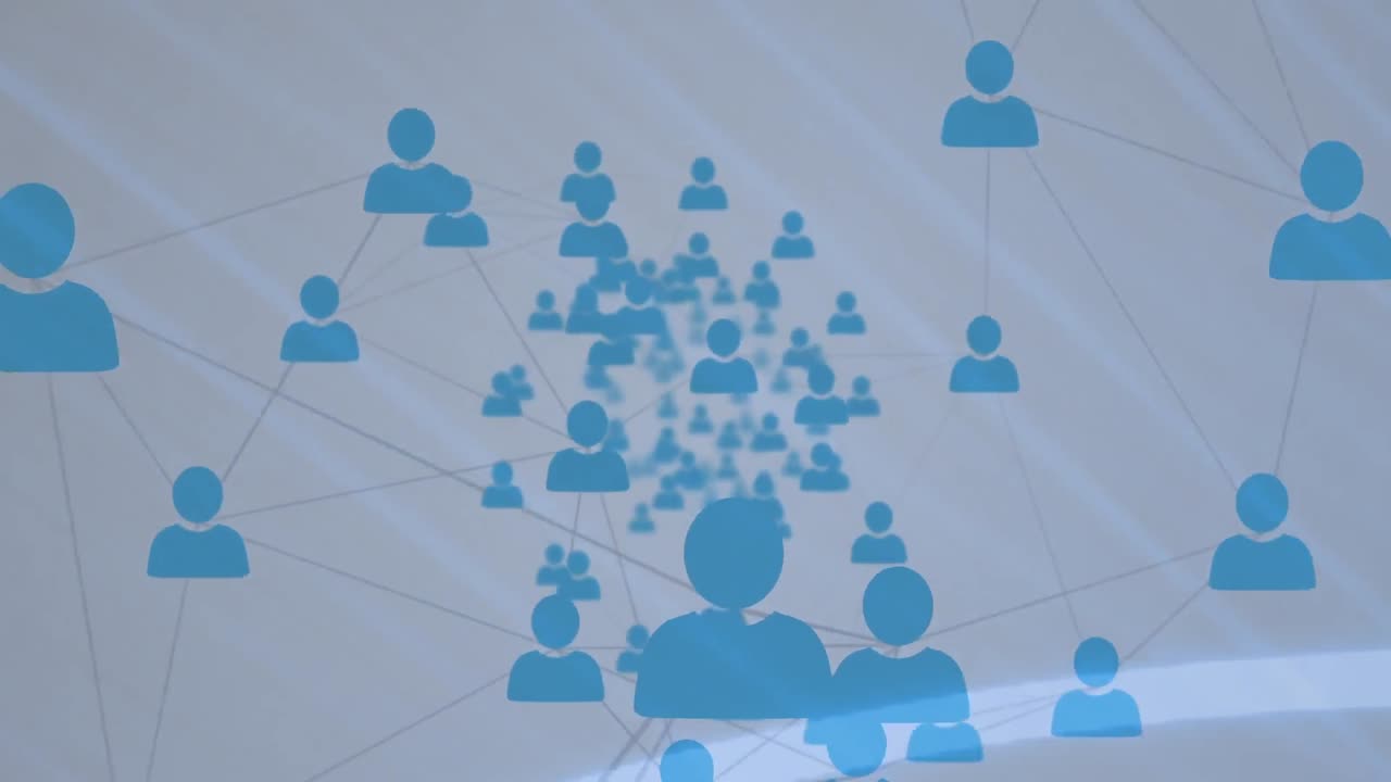 Animation of networks of connections with icons over white background
