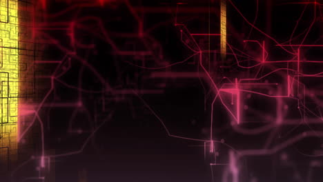 animation of glowing light trails floating over red network of connections on black background