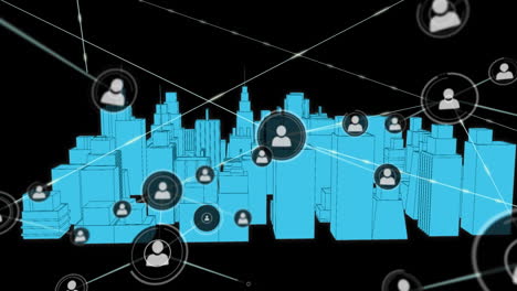 Animation-of-network-of-connections-with-icons-over-3d-city-drawing-on-black-background