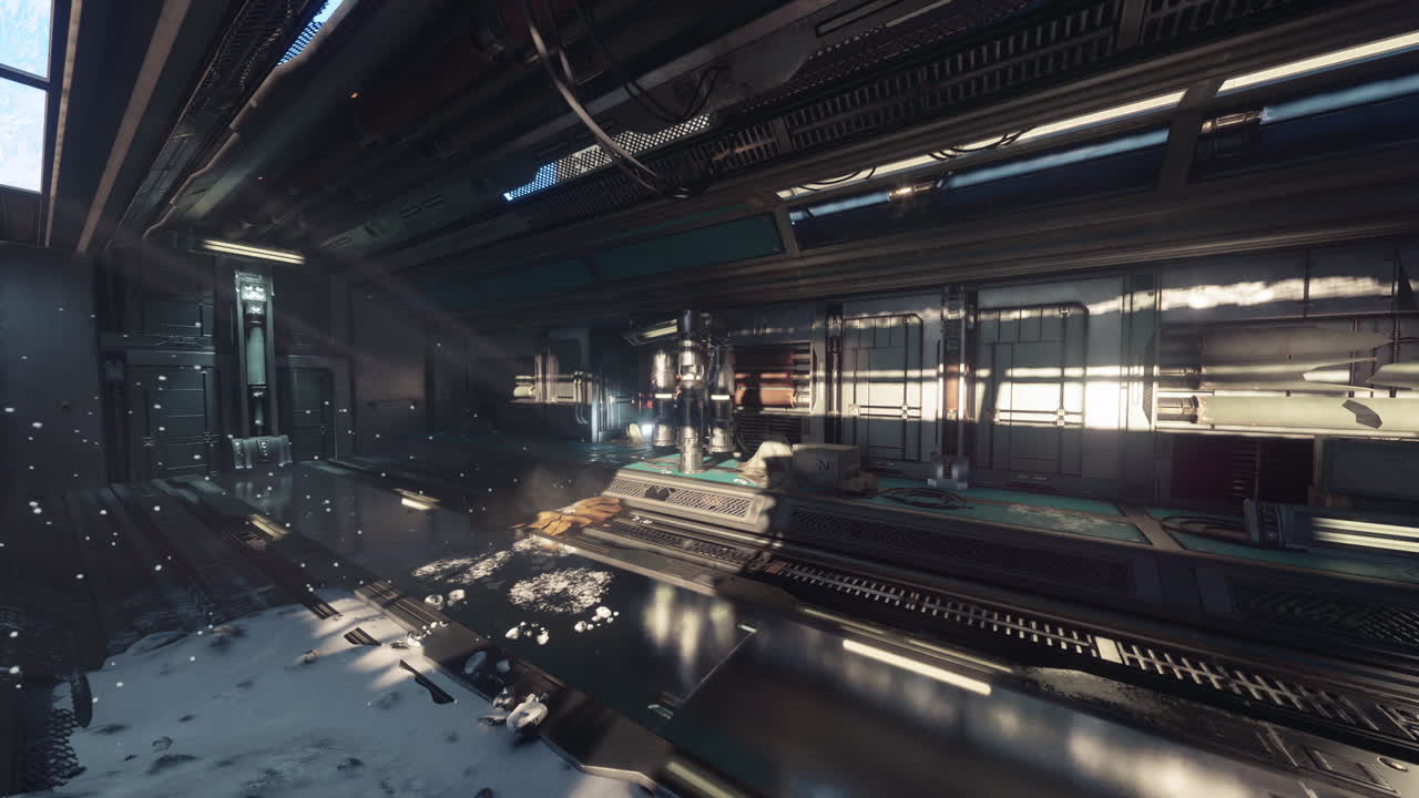 футуристическое внутреннее пространство с драматическим освещением и рассеянным снегом