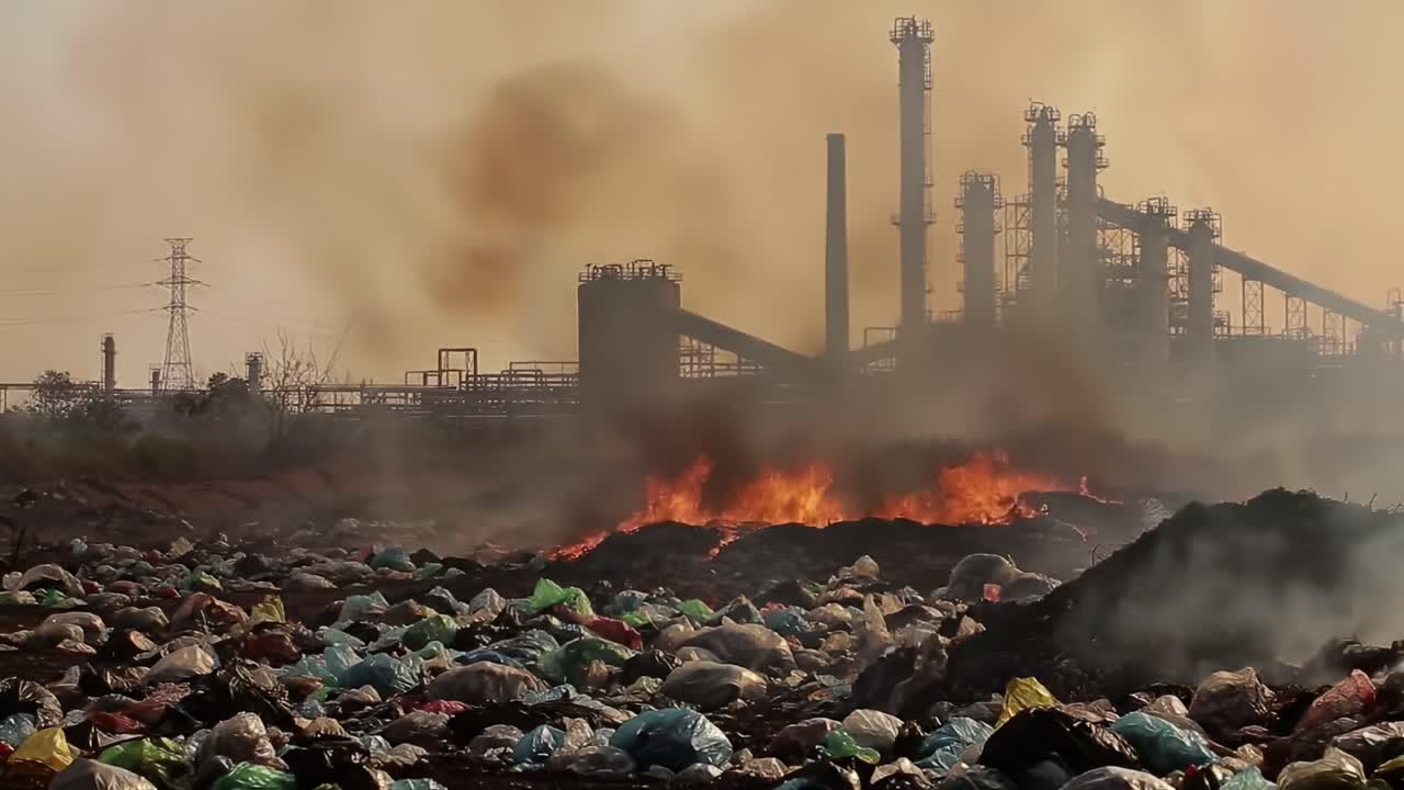 Dramatic Contrast of Industry and Pollution: A Trash-Laden Landscape with Flames and Smoke, Capturing the Harsh Reality of Environmental Neglect in Modern Society