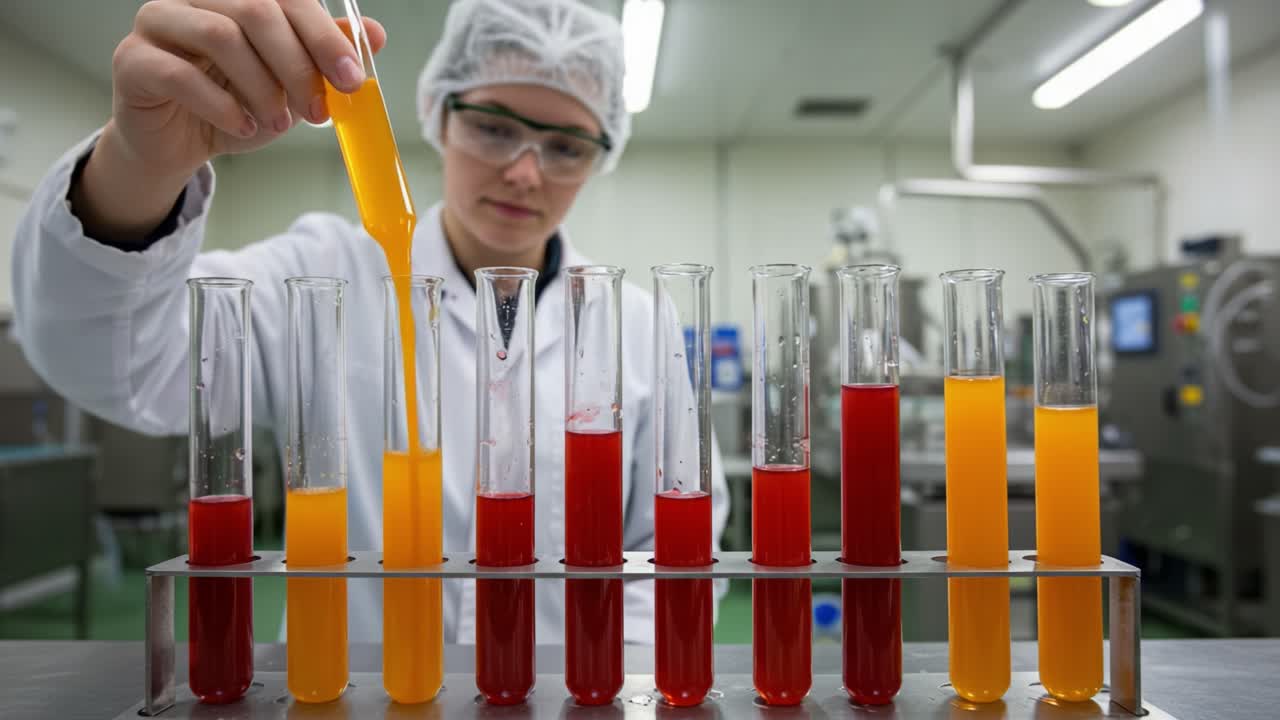 A dedicated scientist meticulously performs an experiment, transferring vibrant liquids into measurement tubes in a modern laboratory, showcasing a spectrum of colors and chemical analysis