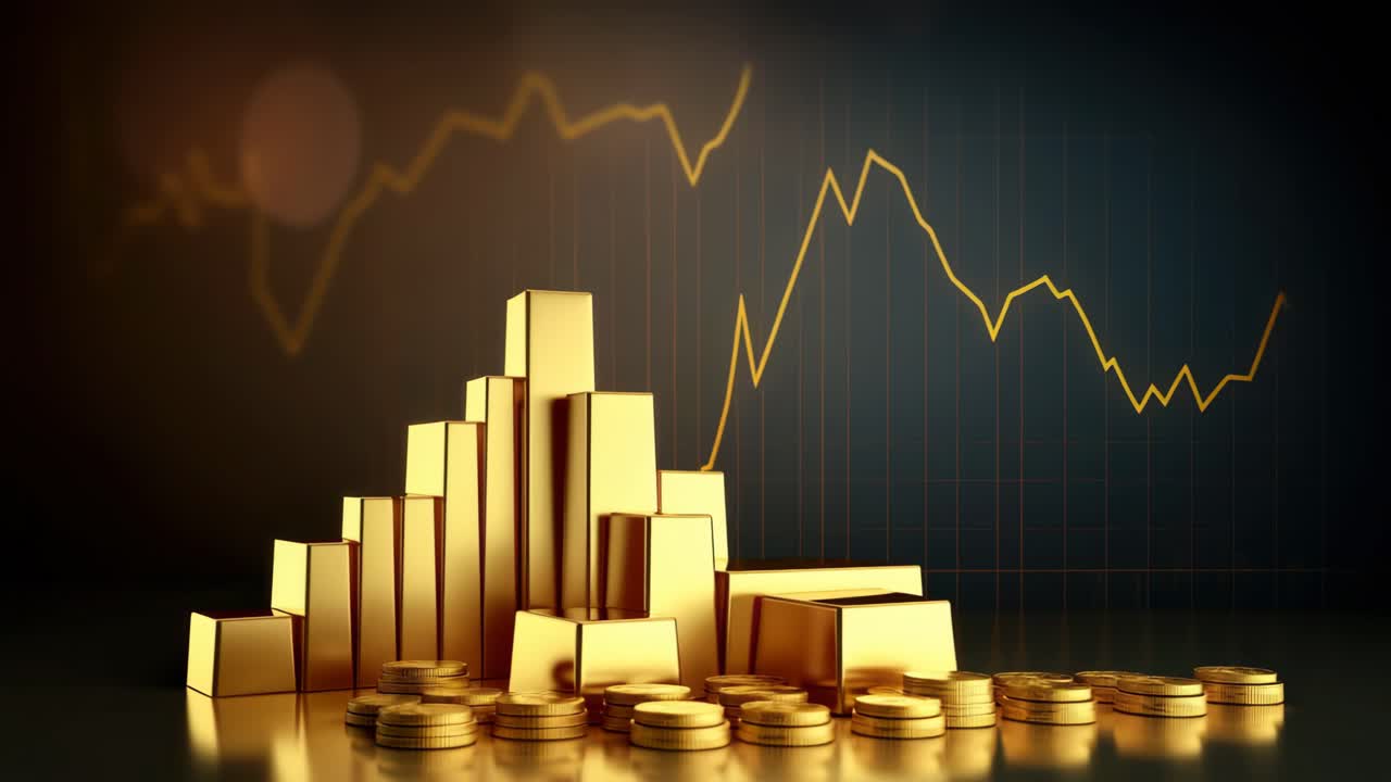Et lavvinkelbillede af stablede guldbarrer og mønter mod en baggrund med finansielle grafer.