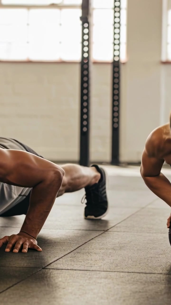 Vertical video: Starting plank workout, two men in tanks, shorts doing pushups on rubber mat by rig