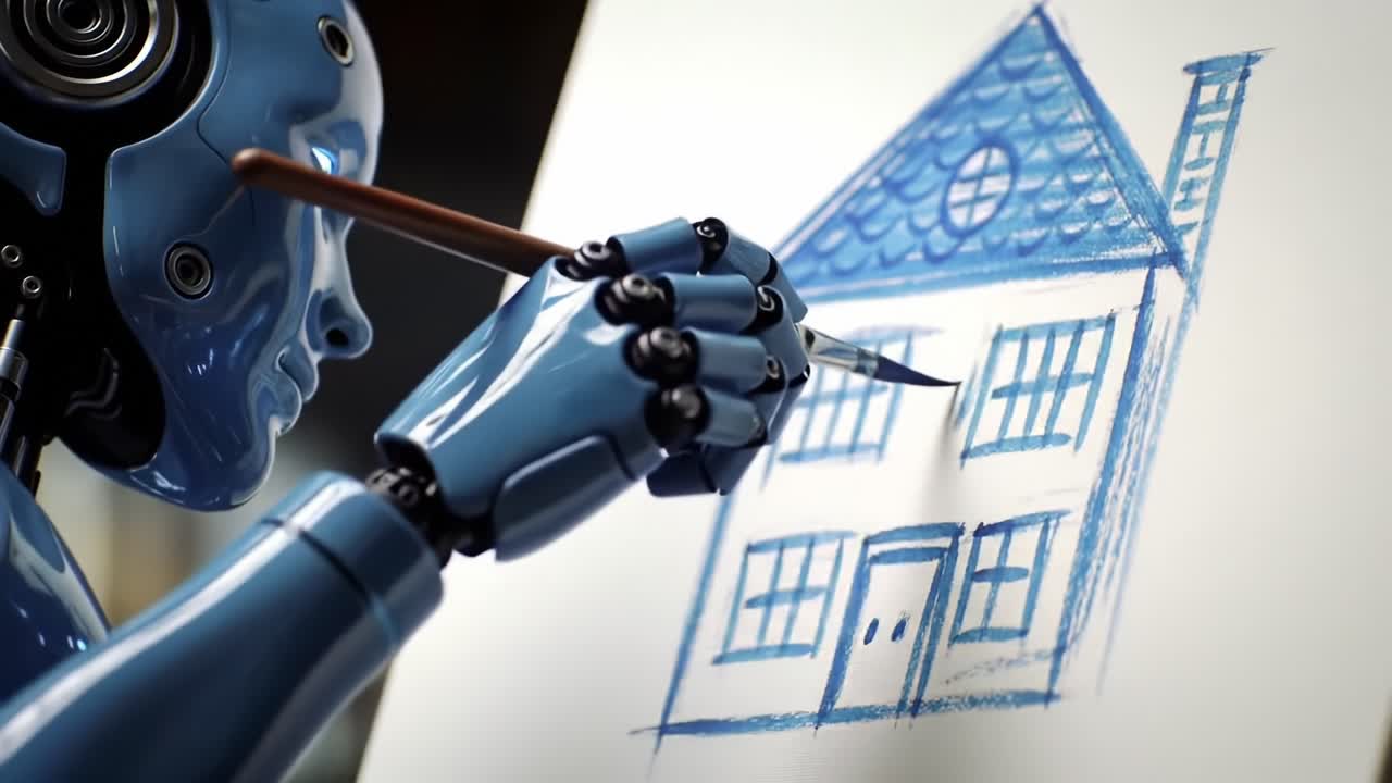 A Sophisticated Robot Artist Skillfully Illustrating a Charming House Design with Precise Brush Strokes on Canvas, Showcasing Innovation and Creativity in Technology