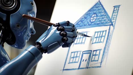 a sophisticated robot artist skillfully illustrating a charming house design with precise brush strokes on canvas, showcasing innovation and creativity in technology