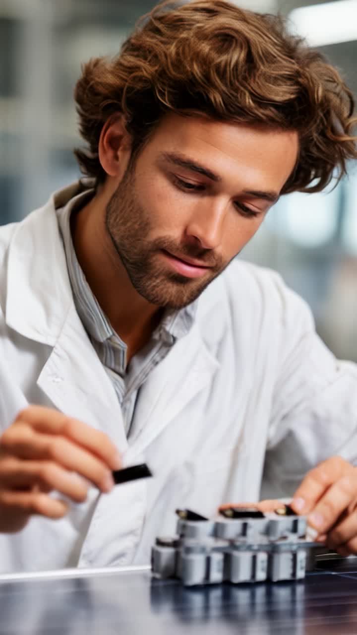 Tecnico concentrato che assembla componenti elettronici con precisione e attenzione in un ambiente di laboratorio moderno, dimostrando cura per i dettagli e competenza