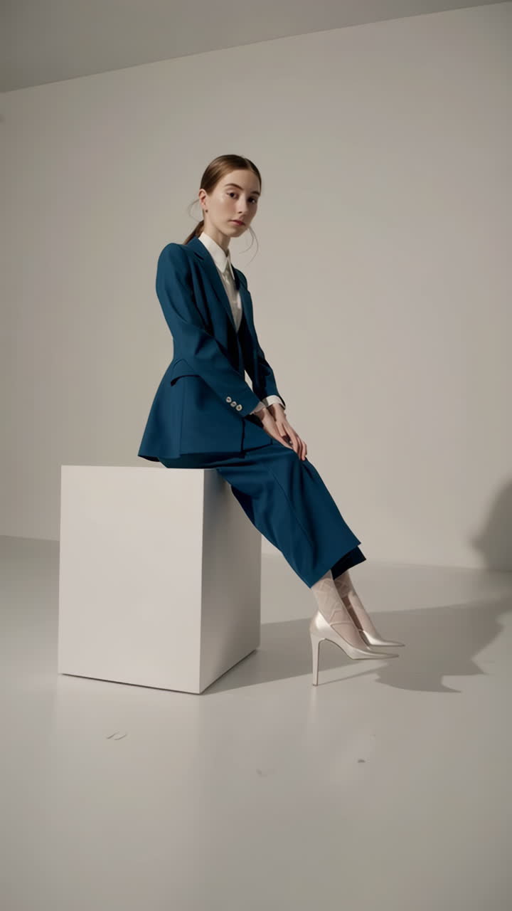 Woman in a teal suit and patterned socks posing in a studio