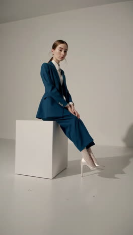 woman in a teal suit and patterned socks posing in a studio