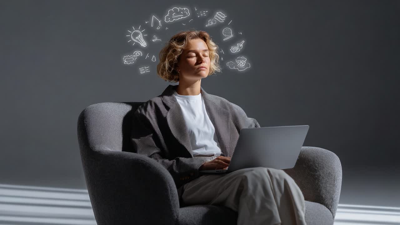 A Thoughtful Moment: A Young Woman Enjoys Creative Imagination While Working on Her Laptop in a Cozy Chair, Surrounded by Whimsical Food Icons in a Minimalistic Setting