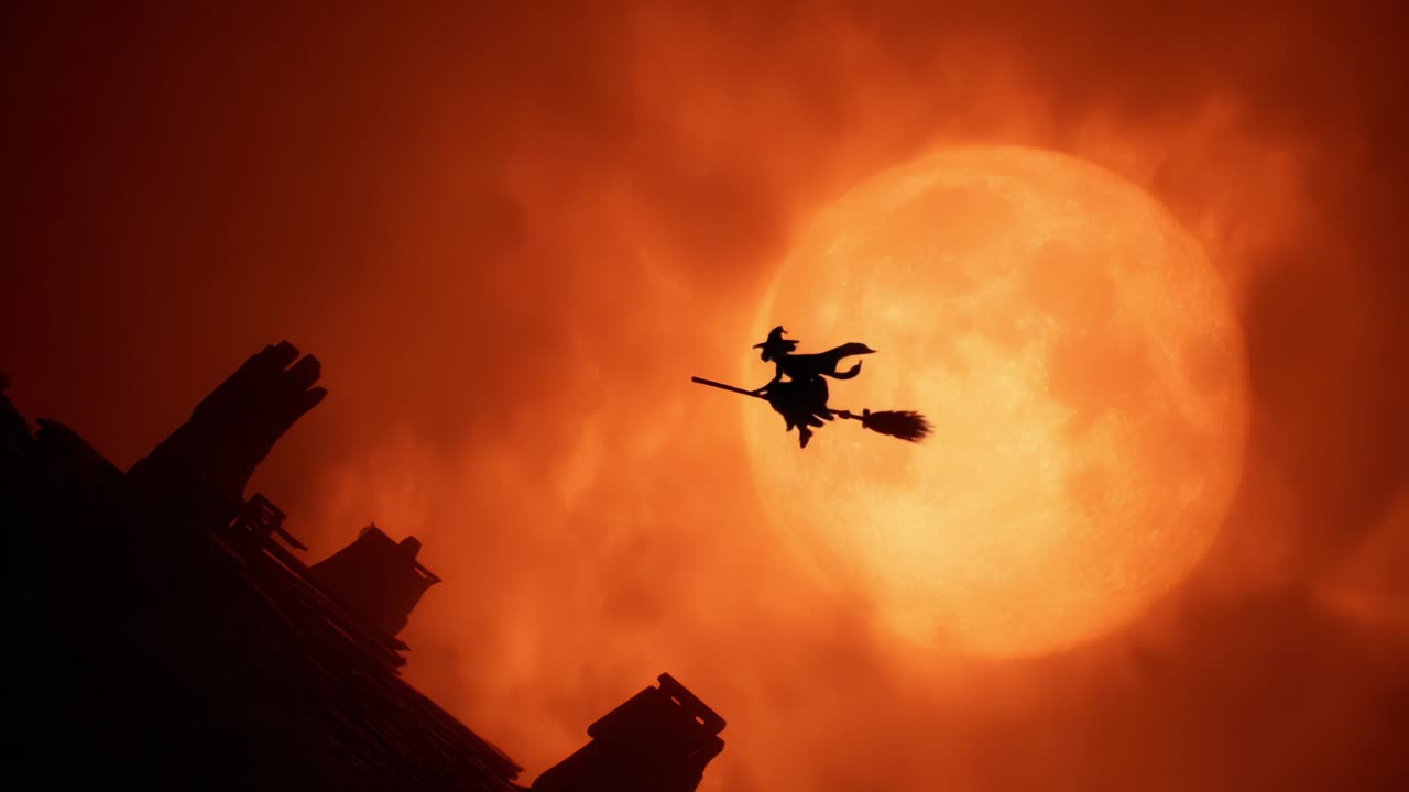 A Mysterious Witch in Flight Against a Fiery Orange Moon: Capturing the Enchantment of a Night Sky Filled with Magic and Wonder