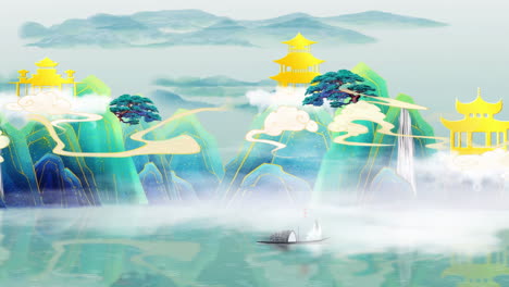 fantasy bright ambience landscape of beautiful morning sky, mountains, flowers, lake, ancient house with simple animation in japanese chinese anime watercolour style