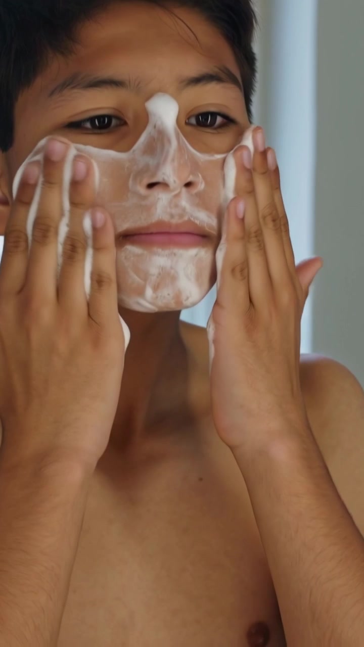 Vertical video: Pressing foam on cheeks, shirtless teen cleansing face at sink using hands