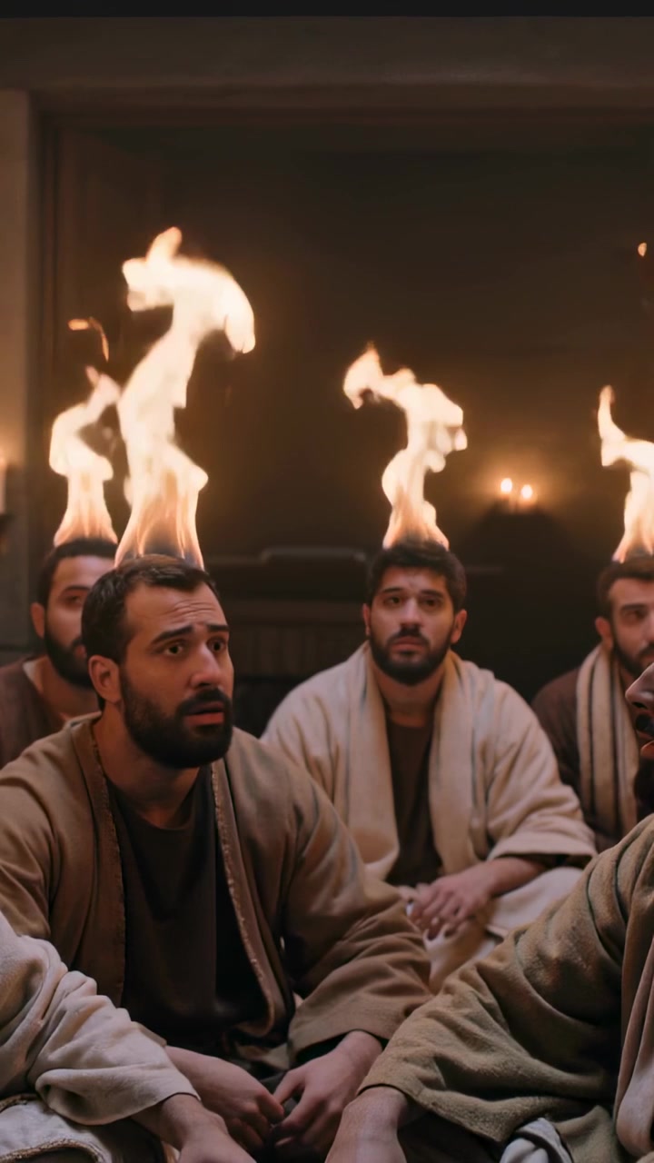Vertical video: Reacting to flames rising above heads, man in earth robe looking upward in dim room