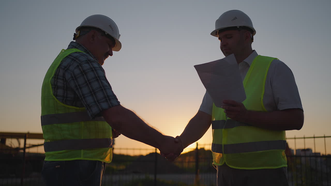Construction manager and workers shaking hands on construction site. Builder man with a tablet and a man inspector in white helmets shake hands at sunset standing. Symbol of agreement successful work.