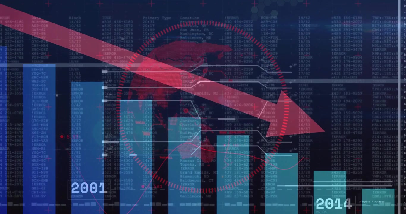 Code backdrop animating bars shifting while red arrow swooping across year labels updating data