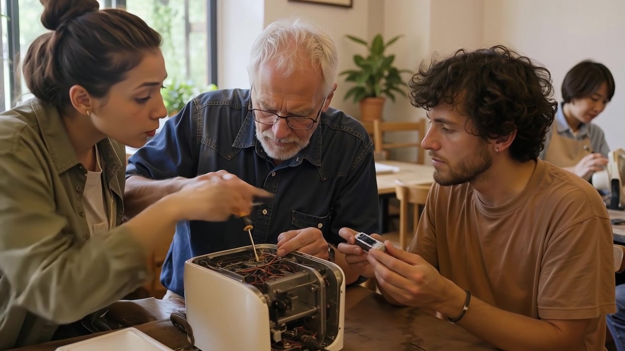 Eine Gruppe von Menschen repariert gemeinsam einen elektrischen Toaster an einem Tisch in einer Gemeinschaftswerkstatt.