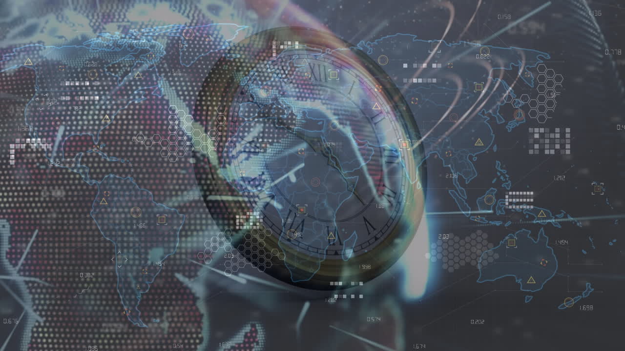 анимация карты мира над движущимися часами на белом фоне