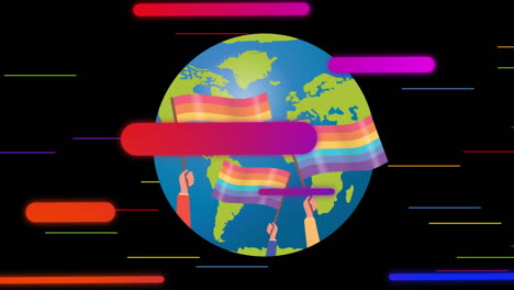 animation of colorful lines over globe with rainbow flag on black background