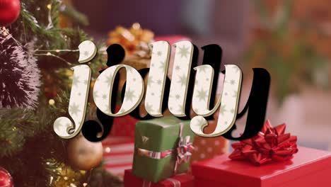 animation of jolly text over presents and christmas tree