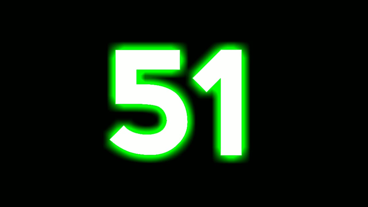 Neon number 51 fifty one sign symbol modern animation motion graphics flicking on black background,green color glowing and shining for video elements