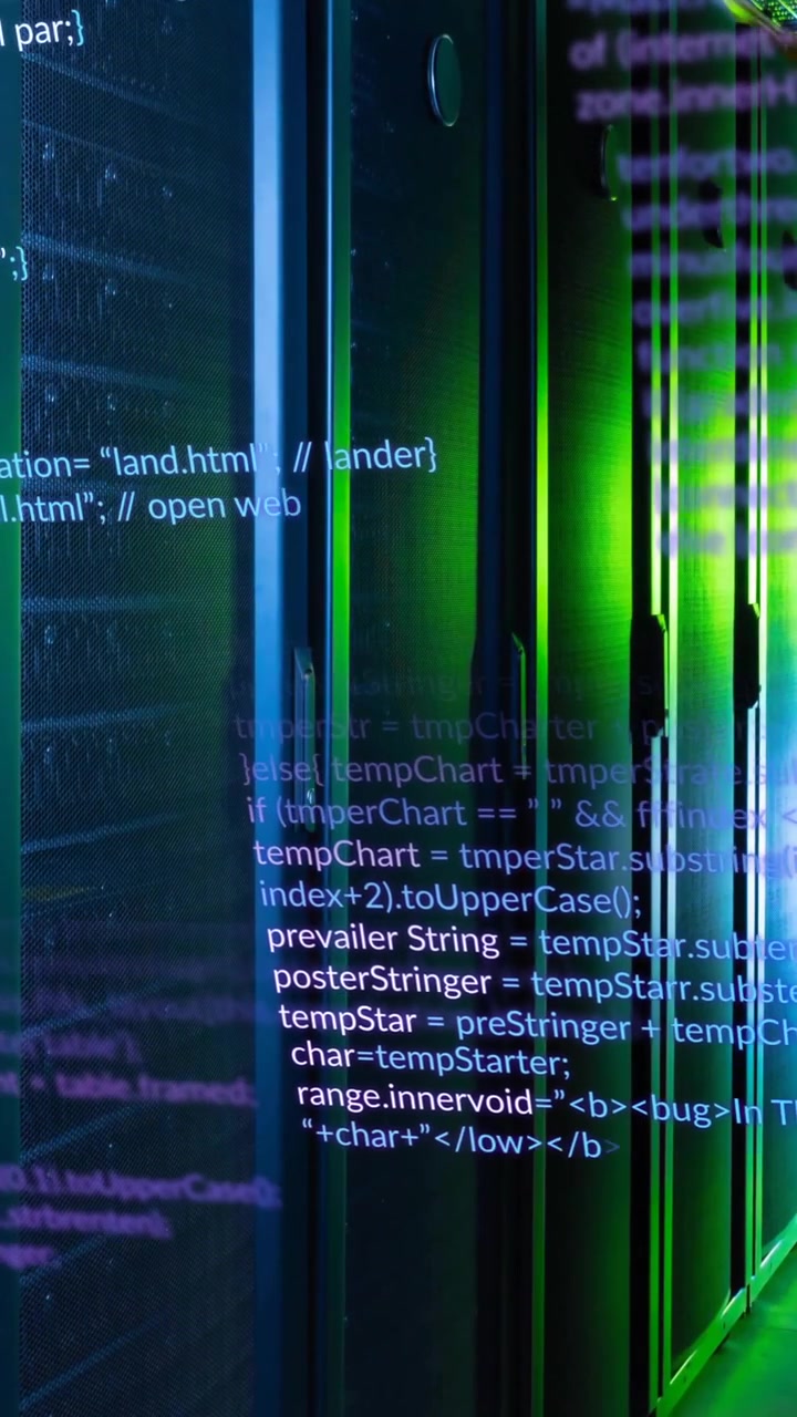 Animation of multicolored computer programming language over data server room