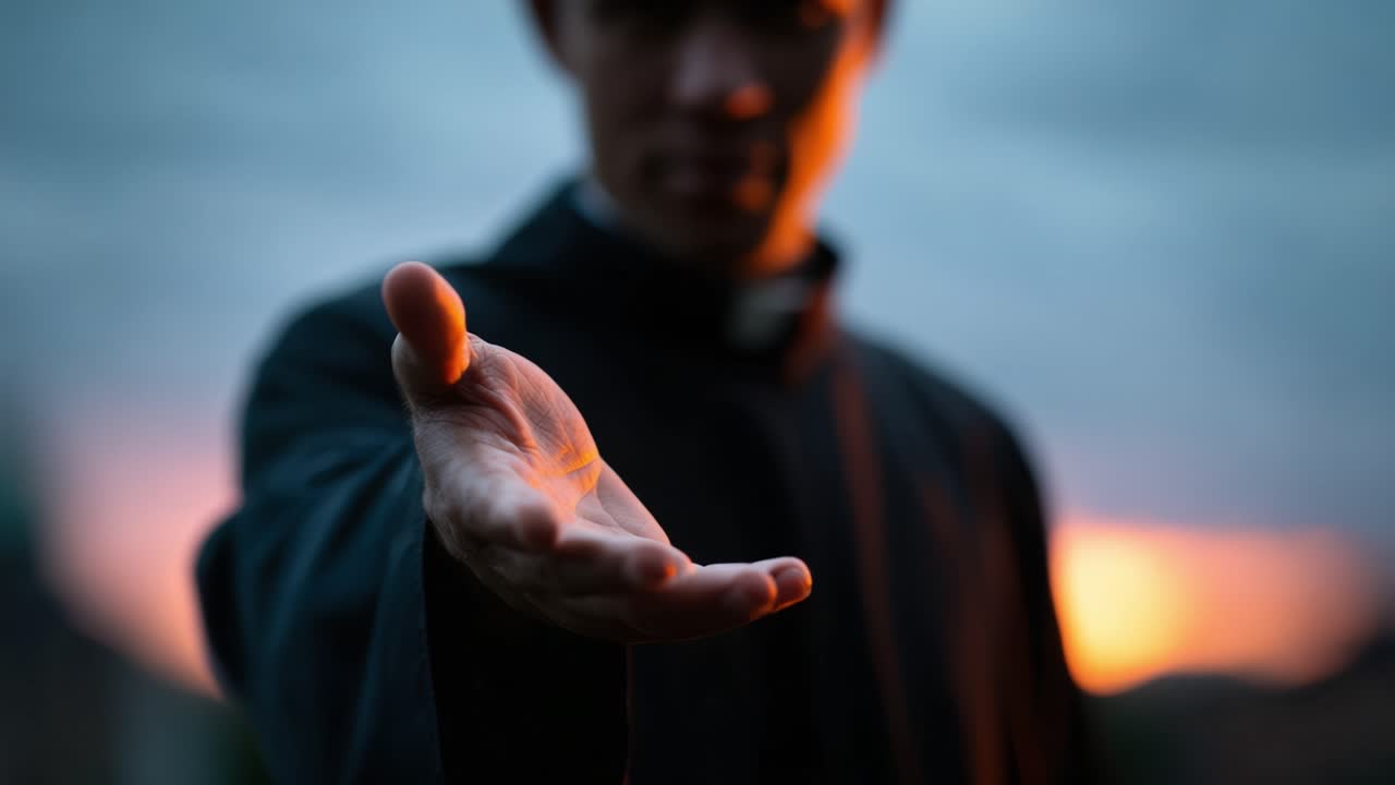 A Mysterious Figure Extends an Open Hand Against a Stunning Sunset Background, Inviting Connection and Contemplation in a Moment of Transition