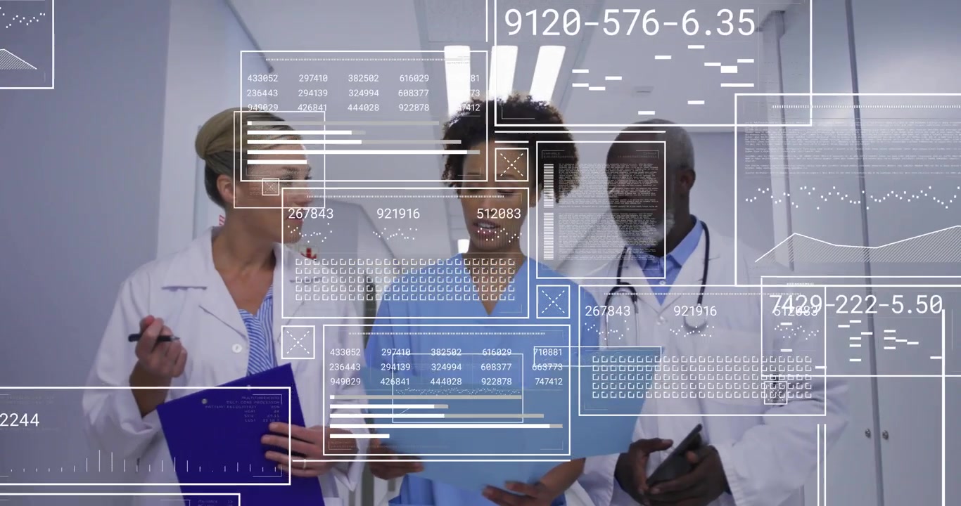 Med team walking hall checking tablet for patient data, AR overlays obscuring hands, pausing