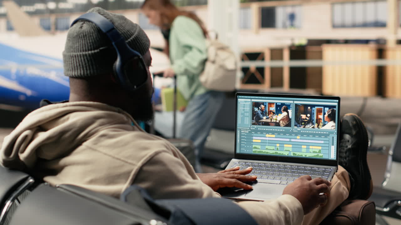 Uomo che modifica un video su un laptop con le cuffie nell'area d'attesa dell'aeroporto.