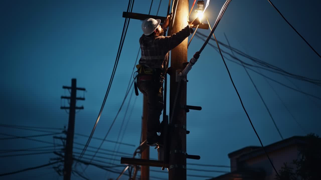 A worker climbs a utility pole at dusk, illuminated by a streetlight