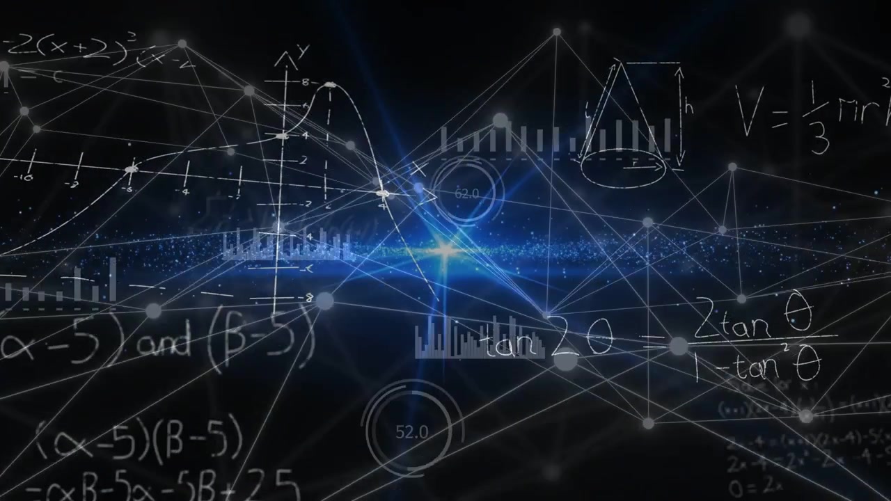 Central blue core pulsing, nodes redrawing links and formulas appearing, visualizing data network