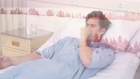animación de un hombre tosiendo en una cama de hospital contra un paisaje de invierno