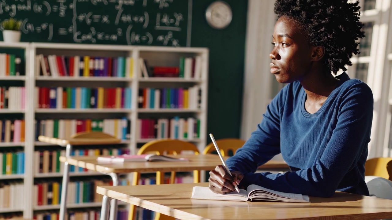 Young Student Writing in Notebook in Library Classroom