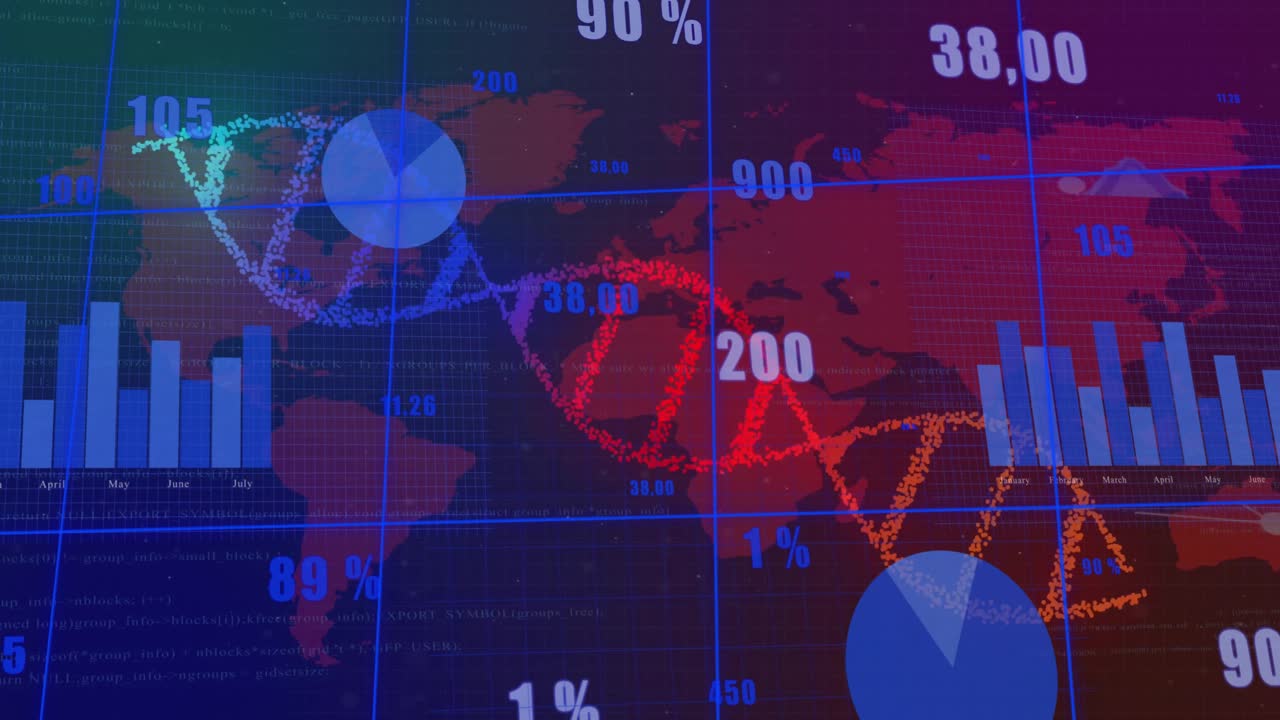 Animazione di filamento di DNA su elaborazione dati e mappa del mondo su sfondo nero