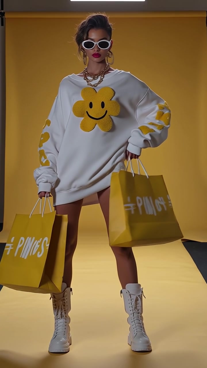 Donna alla moda che cammina con borse della spesa gialle indossando un maglione bianco con motivo floreale