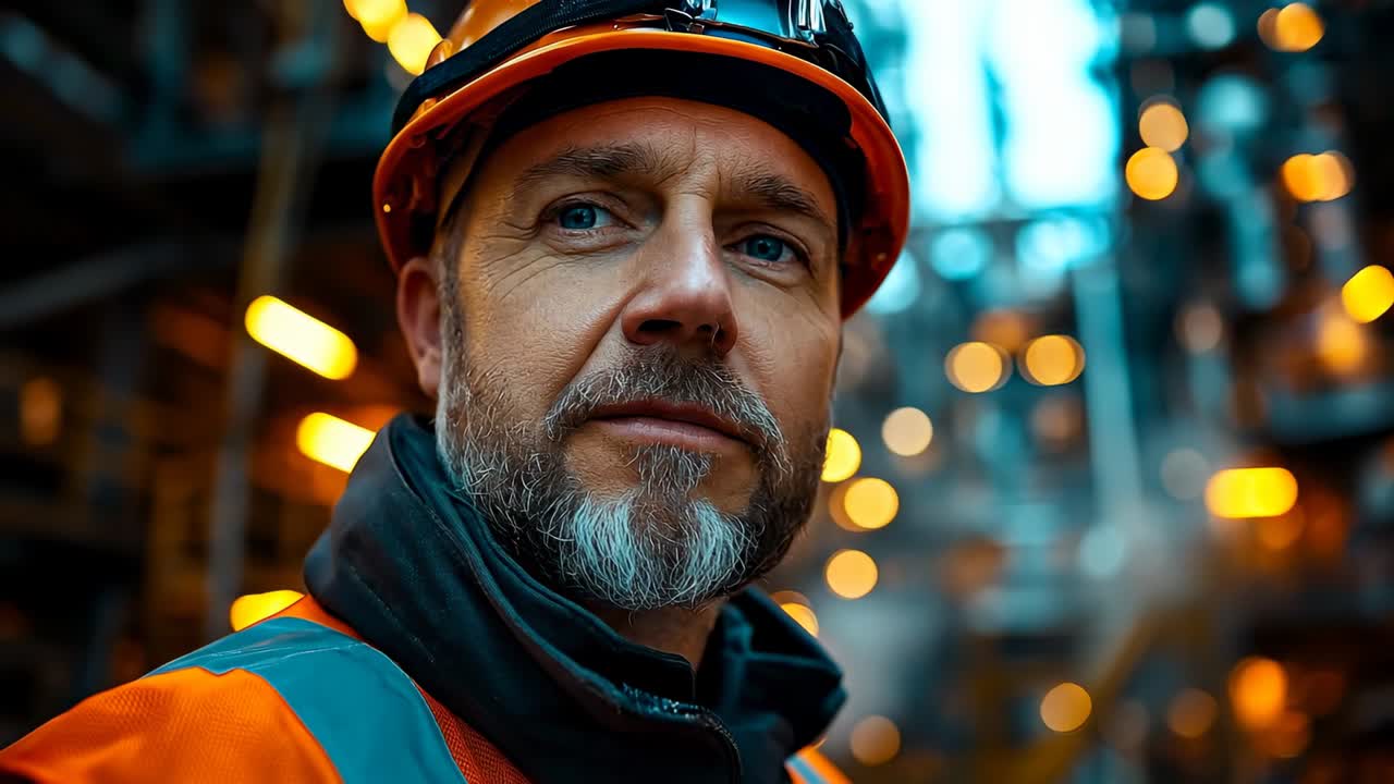 Worker in safety gear at industrial site. A worker in safety gear looks on at an industrial location during the evening shift. Equipment and lights surround him