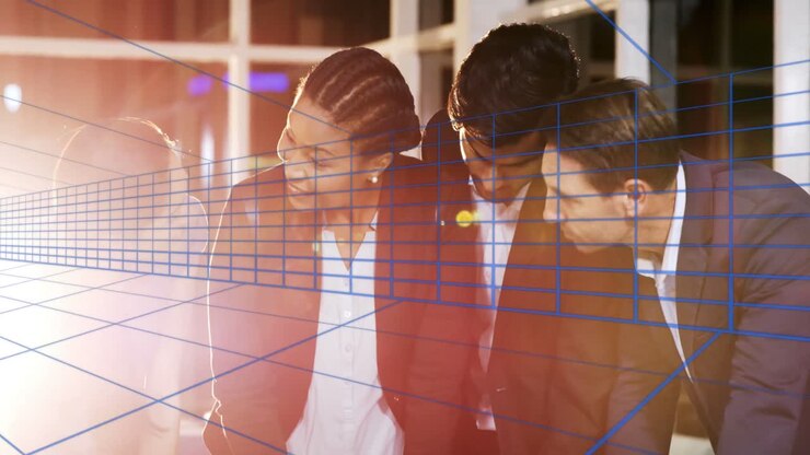 Animation of blue lines over diverse business people at office