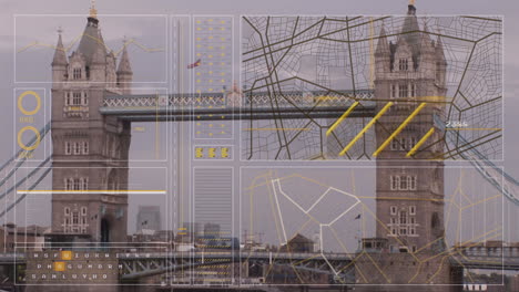 Animation of interface with data processing against aerial view of london bridge