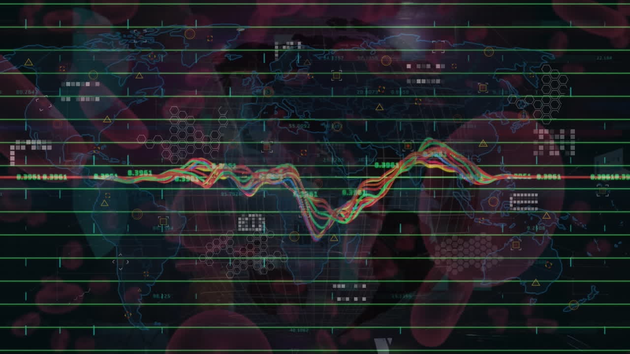 Animation of financial data processing over virus and blood cells
