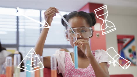 conducting science experiment in school, girl with test tube and educational animation