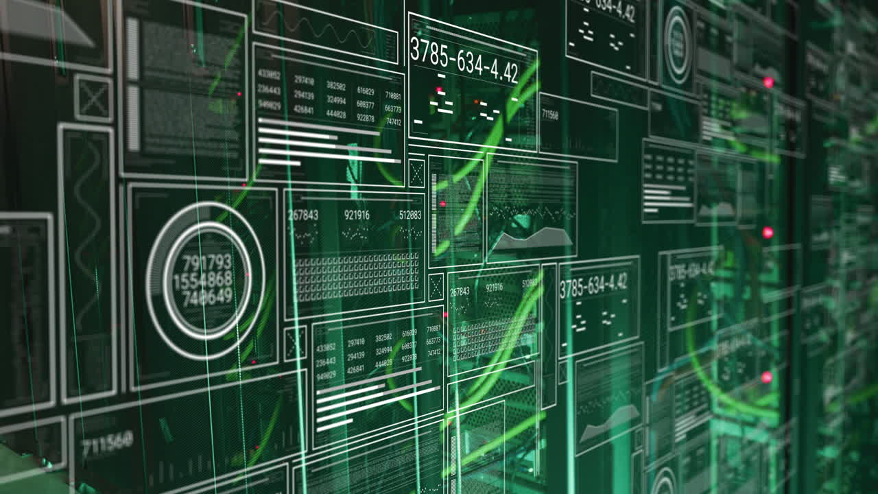 animación de gráficos, barras de carga y círculos con números cambiantes sobre los estantes de servicio.