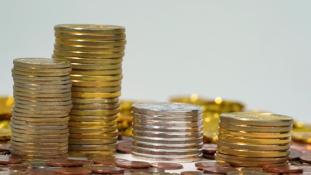 Golden riches: Golden coins in stack. Reflect economy growth, investment strategies, saving financial prosperity wealth accumulation. Portray economic abundance, future-proof saving plans, traditional