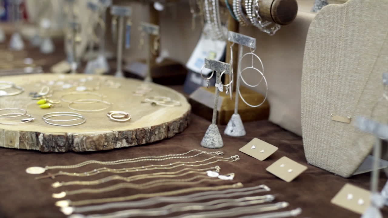 Close-up View of a Jewelry Display at a Market Stall
