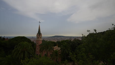 park guell and the city view of barcelona in early evening sunlight