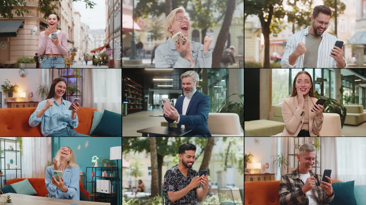 Collage of excited happy people men women use smartphone celebrating win victory good news play game