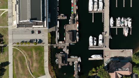 rising drone shot of the center for wooden boats in the south lake union neighborhood