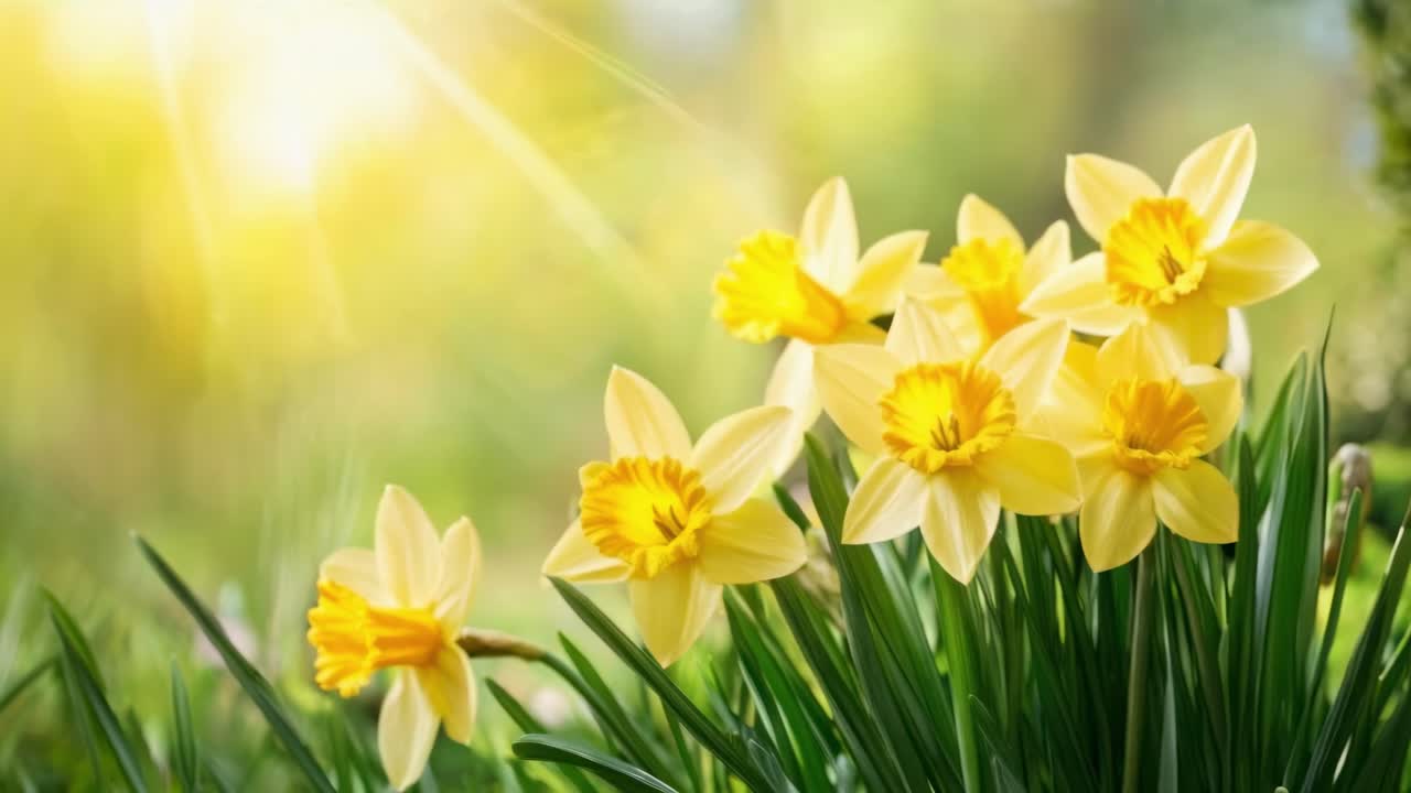 Close-up video of vibrant yellow daffodils in a garden, captured from a low angle, with soft