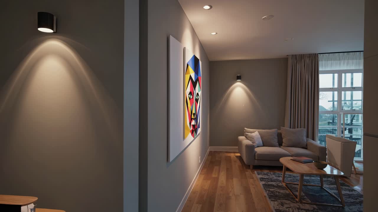 sala de estar moderna con arte geométrico en la pared